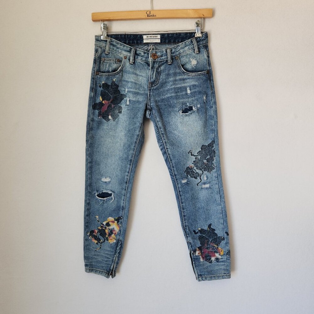 One x One Teaspoon Freebird Distressed Painted Rigid Skinny Jeans Ankle-Zip